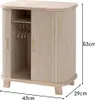 A wooden doll wardrobe with sliding doors, a shelf, and hangers, shown with dimensions. Produktbild-Vorschau