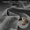 Close-up of dark gray fabric with text overlay and a circular inset showing a cat's paw. Produktbild-Vorschau