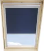 A dark blue roller blind installed in a wooden framed attic window. Produktbild-Vorschau