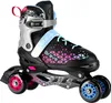 A pair of inline skates with a black base, pink and blue accents, and silver buckles, set against a white background. Produktbild-Vorschau