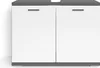 A white and gray bathroom cabinet with two doors and metal handles, shown against a white background. Produktbild-Vorschau