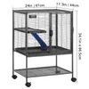 A metal pet cage with multiple levels and a ramp, shown on a light gray background with dimensions indicated. Anteprima dell’immagine prodotto