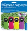 A set of four magnetic bag clips and memo holders in assorted colors, displayed on a background of green peas, with close-up images of the clips in use. Podgląd zdjęcia produktu