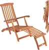 A wooden deck chair with an extended footrest is shown against a white background. A folded version of the same chair is visible in the background. Produktbild-Vorschau