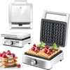 A collage of images showing a white and silver waffle maker, waffles with berries and cream, and waffles being cooked in the waffle maker. Produktbild-Vorschau