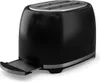 A black toaster with a silver trim and crumb tray extended, shown on a white background. Produktbild-Vorschau
