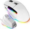 A white wireless gaming mouse and its charging dock are shown with RGB lighting. Produktbild-Vorschau