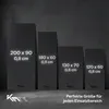 Four different sized black mats are displayed against a dark gray background, with dimensions and brand logos visible. Produktbild-Vorschau