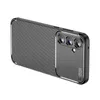 A black carbon fiber look phone case with a camera cutout is shown against a white background. Produktbild-Vorschau