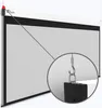 A projection screen hanging from the ceiling, with a close-up view of the hanging mechanism. Produktbild-Vorschau