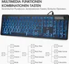 A keyboard with blue backlighting and a diagram showing its multimedia functions. Produktbild-Vorschau