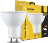 Two white LED light bulbs are shown in front of their yellow and black packaging. Produktbild-Vorschau
