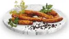 Sausages arranged on a round marble-like platter with herbs and peppercorns. Podgląd zdjęcia produktu
