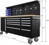 A black rolling tool chest with a wooden top and a pegboard back panel, featuring blue storage bins and silver drawer handles. Dimensions are indicated with measurement lines and text. Produktbild-Vorschau