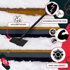 A black ice scraper with a metal handle is shown on snow-covered stairs. The image includes several callouts highlighting product features. Podgląd zdjęcia produktu