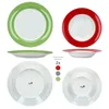 A collage of porcelain plates in different colors and views, with color swatches and text indicating quantity. Produktbild-Vorschau
