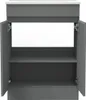 A grey bathroom vanity cabinet with its doors open, revealing two shelves. The top of the cabinet has a white surface. Produktbild-Vorschau