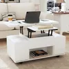 A white lift-top coffee table with hidden storage and four stools is shown in a living room setting, next to a sofa. Anteprima dell’immagine prodotto