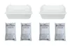 Two white dehumidifier boxes and four bags of desiccant granules. Produktbild-Vorschau