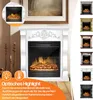 A white electric fireplace with a flame effect is shown, surrounded by decorative elements and a framed picture above. To the right, a collage of different colored electric fireplaces is displayed. Produktbild-Vorschau