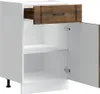 A white kitchen base cabinet with a brown wooden drawer front and an open cabinet door. Náhľad obrázku produktu