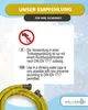 A yellow hose with metal fittings is shown, with informational text and a warning symbol above. Produktbild-Vorschau