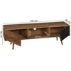 A product shot of a wooden TV lowboard with dimensions indicated by text overlays. Voir les images du produit