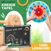 A collage of images showing a child's chalkboard drawing, a learning clock, and text promoting a children's play set. Produktbild-Vorschau