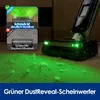 A vacuum cleaner with green lights illuminating dust on a carpet, with inset images demonstrating its dust visibility feature. Produktbild-Vorschau