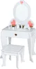 A white wooden toy vanity set with a mirror, accessories, and a stool, photographed against a white background. Podgląd zdjęcia produktu