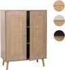 A light wood-colored cabinet with two doors, each featuring a woven rattan panel. The doors are slightly ajar, revealing shelves inside. The cabinet stands on four tapered wooden legs. To the right are three circular insets showing close-ups of the rattan  Podgląd zdjęcia produktu