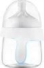 A baby bottle with a clear body and white nipple and collar, set against a white background. Voir les images du produit