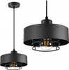 Two views of a black pendant light with a drum shade and a metal cage around the bulb. Náhled obrázku produktu