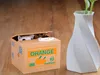 A coin bank shaped like a cardboard box with a cat peeking out of the top, next to a white vase with plants. Náhľad obrázku produktu