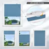Collage showing a blue pleated blind in a window, with a close-up of the operating mechanism and different window blind positions. Produktbild-Vorschau