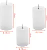 Three white LED candles of different heights are displayed against a white background, with measurement indicators showing their dimensions. Voir les images du produit