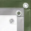 A close-up view of three different colored tarps layered on top of each other, showing the grommets. Produktbild-Vorschau