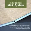 Close-up of vinyl flooring planks being clicked together, with text overlays highlighting features. Produktbild-Vorschau