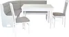 A white dining set with a corner bench, a table, and two chairs, all with gray upholstered seats and backrests. Produktbild-Vorschau