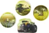A collage of four different plates, each featuring a farm-themed illustration with tractors and harvesting equipment. Produktbild-Vorschau