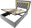 A grey upholstered bed frame with the mattress support mechanism lifted to reveal storage space underneath. The headboard has diamond tufting and LED lighting. Náhľad obrázku produktu