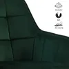 Close-up of a green velvet chair with marketing icons and text. Voir les images du produit