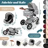 Diagrams and text illustrating the dimensions and accessories of a stroller. Produktbild-Vorschau