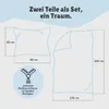Diagram showing the dimensions of a two-piece bedding set, including a pillowcase and a duvet cover, with a detail about a zipper. Produktbild-Vorschau