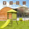 A children's play structure with a slide and swing set in a grassy backyard, with a wooden fence and trees in the background. Overlay text highlights product features. Produktbild-Vorschau