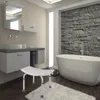 A modern bathroom with a freestanding bathtub, vanity, and a shower stool. Produktbild-Vorschau