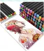 A set of colorful markers and a drawing of an anime-style girl on a sketchbook. Produktbild-Vorschau