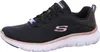 A side view of a black Skechers sneaker with rose gold accents. Voir les images du produit
