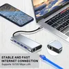 A USB C hub is connected to a laptop, with a smartphone and a blue network cable also visible. Produktbild-Vorschau