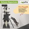 A cat jumping towards a cat tree, with marketing text about safety. Produktbild-Vorschau